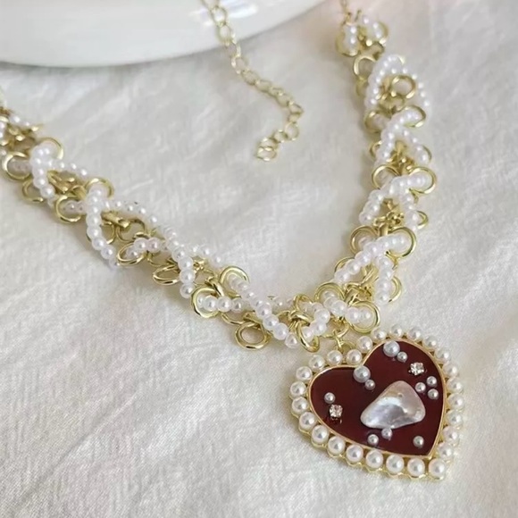 “Red Heart Sea of Pearls” Flake Shard Float Drift Love Romance Ocean Necklace - Picture 5 of 16